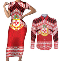 Personalised Kolisi Tonga College Atele Couples Matching Short Sleeve Bodycon Dress and Long Sleeve Button Shirt Polynesian Ngatu Tribal