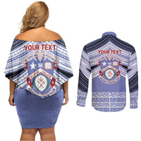 Personalised Tonga Apifoou College Couples Matching Off Shoulder Short Dress and Long Sleeve Button Shirt Polynesian Ngatu Tribal