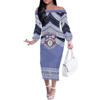 Personalised Tonga Apifoou College Off The Shoulder Long Sleeve Dress Polynesian Ngatu Tribal LT9 Women Blue - Polynesian Pride