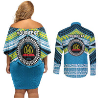 Personalised Tonga Lavengamalie College Couples Matching Off Shoulder Short Dress and Long Sleeve Button Shirt Polynesian Ngatu Tribal