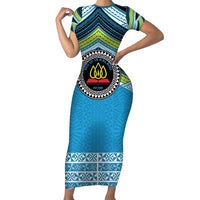 Personalised Tonga Lavengamalie College Short Sleeve Bodycon Dress Polynesian Ngatu Tribal LT9 Long Dress Blue - Polynesian Pride