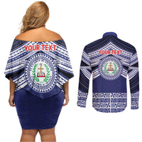 Personalised Tonga Sia'atoutai Theological College Couples Matching Off Shoulder Short Dress and Long Sleeve Button Shirt Polynesian Ngatu Tribal