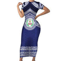 Personalised Tonga Sia'atoutai Theological College Short Sleeve Bodycon Dress Polynesian Ngatu Tribal LT9 Long Dress Blue - Polynesian Pride