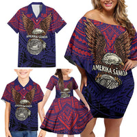 American Samoa Brave Eagle Personalized Family Matching Off Shoulder Short Dress and Hawaiian Shirt National Flag Color