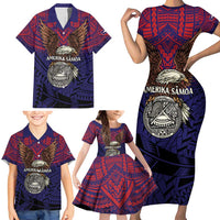 American Samoa Brave Eagle Personalized Family Matching Short Sleeve Bodycon Dress and Hawaiian Shirt National Flag Color