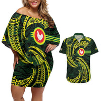 American Samoa Manua Cession Day Personalized Couples Matching Off Shoulder Short Dress and Hawaiian Shirt Polynesian Wave Style