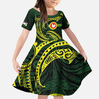 American Samoa Manua Cession Day Personalized Kid Short Sleeve Dress Polynesian Wave Style LT9 KID Green - Polynesian Pride