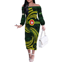 American Samoa Manua Cession Day Personalized Off The Shoulder Long Sleeve Dress Polynesian Wave Style LT9 Women Green - Polynesian Pride