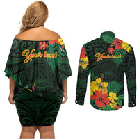 American Samoa Manu'atele Personalized Couples Matching Off Shoulder Short Dress and Long Sleeve Button Shirt Manua Island Hibiscus Flowers