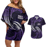 Manua Segaula American Samoa High School Personalized Couples Matching Off Shoulder Short Dress and Hawaiian Shirt Polynesian Wave Style