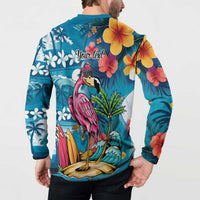 Hawaiian Flamingo Hibiscus Personalised Button Sweatshirt Blue Summer Tropical Flowers - Polynesian Pride