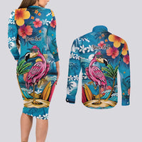 Hawaiian Flamingo Hibiscus Personalised Couples Matching Long Sleeve Bodycon Dress and Long Sleeve Button Shirt Blue Summer Tropical Flowers - Polynesian Pride