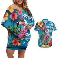 Hawaiian Flamingo Hibiscus Personalised Couples Matching Off Shoulder Short Dress and Hawaiian Shirt Blue Summer Tropical Flowers - Polynesian Pride