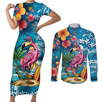 Hawaiian Flamingo Hibiscus Personalised Couples Matching Short Sleeve Bodycon Dress and Long Sleeve Button Shirt Blue Summer Tropical Flowers - Polynesian Pride
