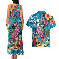 Hawaiian Flamingo Hibiscus Personalised Couples Matching Tank Maxi Dress and Hawaiian Shirt Blue Summer Tropical Flowers - Polynesian Pride