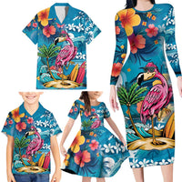 Hawaiian Flamingo Hibiscus Personalised Family Matching Long Sleeve Bodycon Dress and Hawaiian Shirt Blue Summer Tropical Flowers - Polynesian Pride