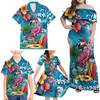 Hawaiian Flamingo Hibiscus Personalised Family Matching Off Shoulder Maxi Dress and Hawaiian Shirt Blue Summer Tropical Flowers - Polynesian Pride
