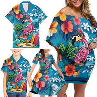 Hawaiian Flamingo Hibiscus Personalised Family Matching Off Shoulder Short Dress and Hawaiian Shirt Blue Summer Tropical Flowers - Polynesian Pride