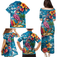Hawaiian Flamingo Hibiscus Personalised Family Matching Puletasi and Hawaiian Shirt Blue Summer Tropical Flowers - Polynesian Pride