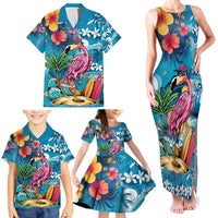 Hawaiian Flamingo Hibiscus Personalised Family Matching Tank Maxi Dress and Hawaiian Shirt Blue Summer Tropical Flowers - Polynesian Pride
