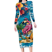 Hawaiian Flamingo Hibiscus Personalised Long Sleeve Bodycon Dress Blue Summer Tropical Flowers LT9 Long Dress Blue - Polynesian Pride