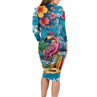 Hawaiian Flamingo Hibiscus Personalised Long Sleeve Bodycon Dress Blue Summer Tropical Flowers LT9 - Polynesian Pride