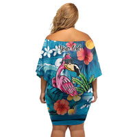 Hawaiian Flamingo Hibiscus Personalised Off Shoulder Short Dress Blue Summer Tropical Flowers LT9 - Polynesian Pride