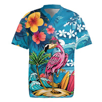 Hawaiian Flamingo Hibiscus Personalised Rugby Jersey Blue Summer Tropical Flowers - Polynesian Pride