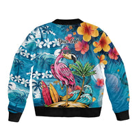 Hawaiian Flamingo Hibiscus Personalised Sleeve Zip Bomber Jacket Blue Summer Tropical Flowers - Polynesian Pride