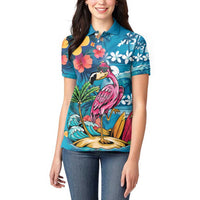Hawaiian Flamingo Hibiscus Personalised Women Polo Shirt Blue Summer Tropical Flowers - Polynesian Pride