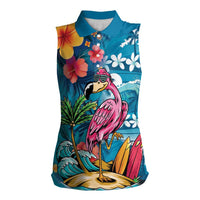 Hawaiian Flamingo Hibiscus Personalised Women Sleeveless Polo Shirt Blue Summer Tropical Flowers - Polynesian Pride