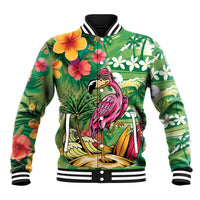 Hawaiian Flamingo Hibiscus Personalised Baseball Jacket Green Summer Tropical Flowers - Polynesian Pride