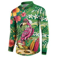 Hawaiian Flamingo Hibiscus Personalised Button Sweatshirt Green Summer Tropical Flowers - Polynesian Pride