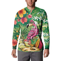 Hawaiian Flamingo Hibiscus Personalised Button Sweatshirt Green Summer Tropical Flowers - Polynesian Pride