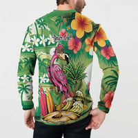 Hawaiian Flamingo Hibiscus Personalised Button Sweatshirt Green Summer Tropical Flowers - Polynesian Pride