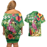 Hawaiian Flamingo Hibiscus Personalised Couples Matching Off Shoulder Short Dress and Hawaiian Shirt Green Summer Tropical Flowers - Polynesian Pride