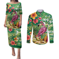 Hawaiian Flamingo Hibiscus Personalised Couples Matching Puletasi and Long Sleeve Button Shirt Green Summer Tropical Flowers - Polynesian Pride