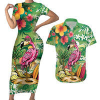 Hawaiian Flamingo Hibiscus Personalised Couples Matching Short Sleeve Bodycon Dress and Hawaiian Shirt Green Summer Tropical Flowers - Polynesian Pride