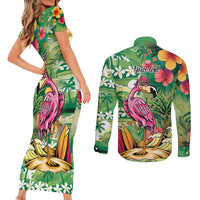 Hawaiian Flamingo Hibiscus Personalised Couples Matching Short Sleeve Bodycon Dress and Long Sleeve Button Shirt Green Summer Tropical Flowers - Polynesian Pride