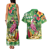 Hawaiian Flamingo Hibiscus Personalised Couples Matching Tank Maxi Dress and Hawaiian Shirt Green Summer Tropical Flowers - Polynesian Pride