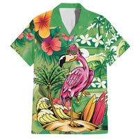 Hawaiian Flamingo Hibiscus Personalised Family Matching Long Sleeve Bodycon Dress and Hawaiian Shirt Green Summer Tropical Flowers - Polynesian Pride