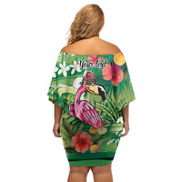 Hawaiian Flamingo Hibiscus Personalised Family Matching Off Shoulder Short Dress and Hawaiian Shirt Green Summer Tropical Flowers - Polynesian Pride