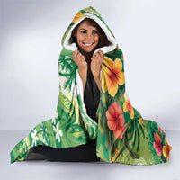 Hawaiian Flamingo Hibiscus Personalised Hooded Blanket Green Summer Tropical Flowers LT9 - Polynesian Pride