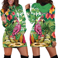 Hawaiian Flamingo Hibiscus Personalised Hoodie Dress Green Summer Tropical Flowers - Polynesian Pride