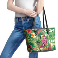 Hawaiian Flamingo Hibiscus Personalised Leather Tote Bag Green Summer Tropical Flowers LT9 - Polynesian Pride