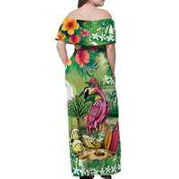 Hawaiian Flamingo Hibiscus Personalised Off Shoulder Maxi Dress Green Summer Tropical Flowers - Polynesian Pride