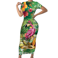 Hawaiian Flamingo Hibiscus Personalised Short Sleeve Bodycon Dress Green Summer Tropical Flowers LT9 Long Dress Green - Polynesian Pride