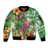 Hawaiian Flamingo Hibiscus Personalised Sleeve Zip Bomber Jacket Green Summer Tropical Flowers - Polynesian Pride