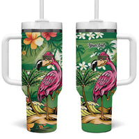 Hawaiian Flamingo Hibiscus Personalised Tumbler With Handle Green Summer Tropical Flowers - Polynesian Pride