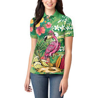 Hawaiian Flamingo Hibiscus Personalised Women Polo Shirt Green Summer Tropical Flowers - Polynesian Pride